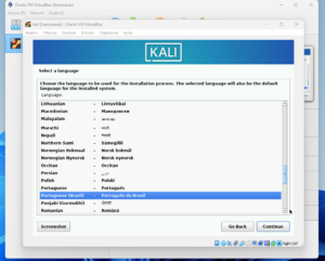 Figura 14 - Seleção de idioma do Kali Linux