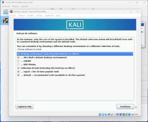 Figura 32 - Seleção do ambiente gráfico para o Kali Linux e aplicativos padrão