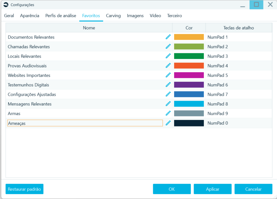 Figura 13- Tela de Configurações - guia Favoritos