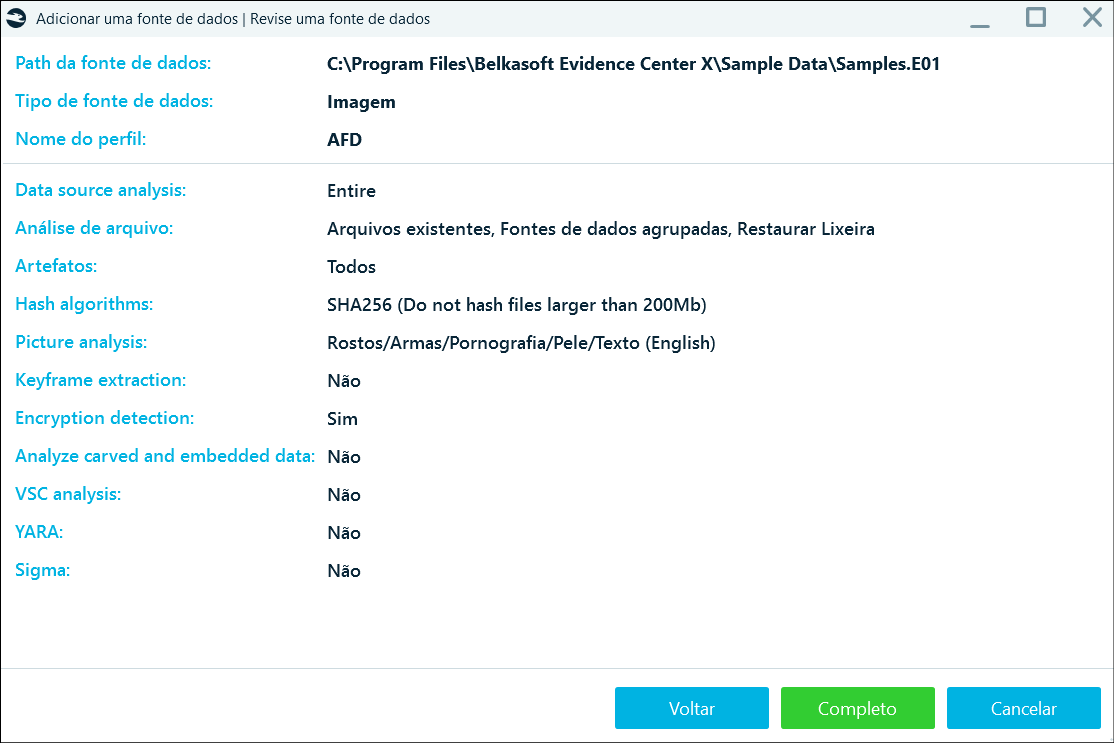 Figura 25- Tela de revisão das configurações aplicadas a fonte de dados