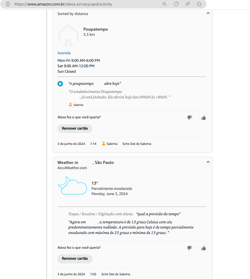 Imagem 10 - Site Amazon | Rever Histórico de Atividades: respostas de localização e temperatura