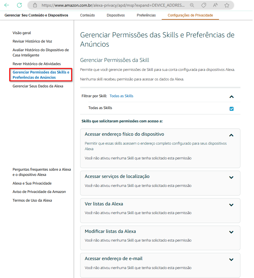 Imagem 11 - Site Amazon | Gerenciar Permissões das Skills e Preferências de Anúncios: todas opções disponíveis