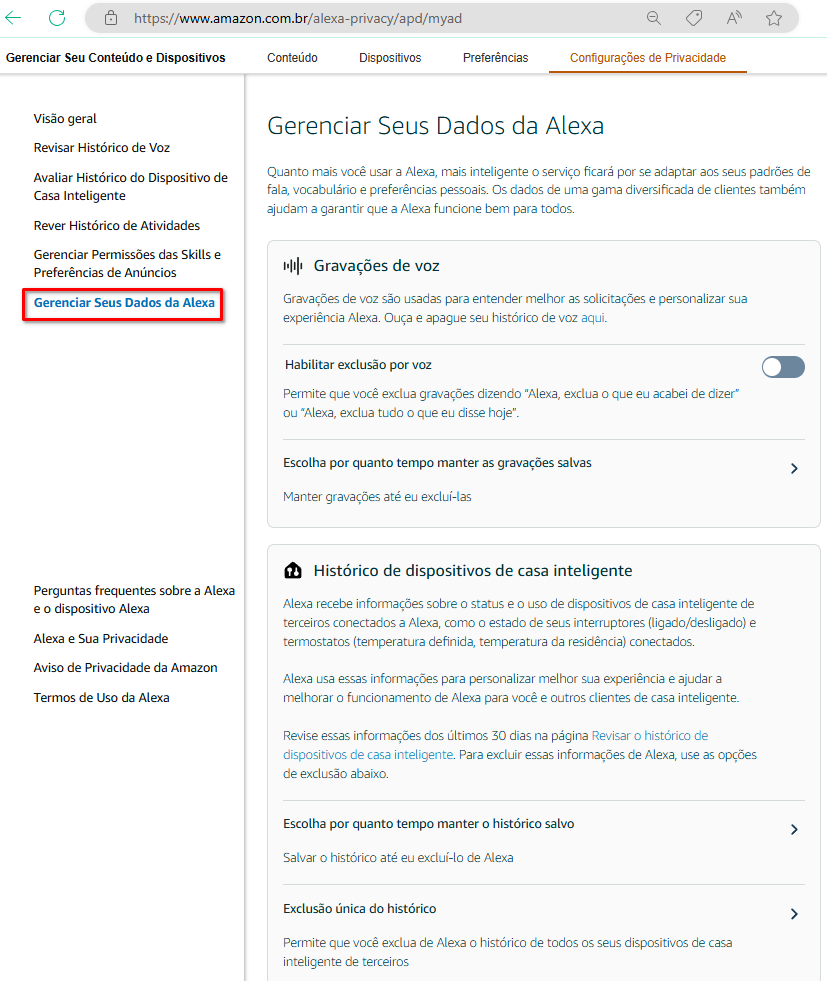 Imagem 12 - Site Amazon | Gerenciar Seus Dados da Alexa: todas opções disponíveis