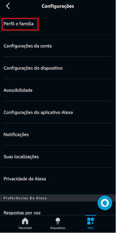 Imagem 16 - Aplicativo Amazon Alexa | Rota: Perfil e família