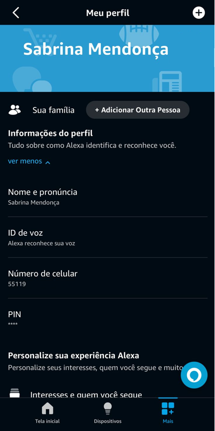 Imagem 17 - Aplicativo Amazon Alexa | Meu perfil: informações usuário