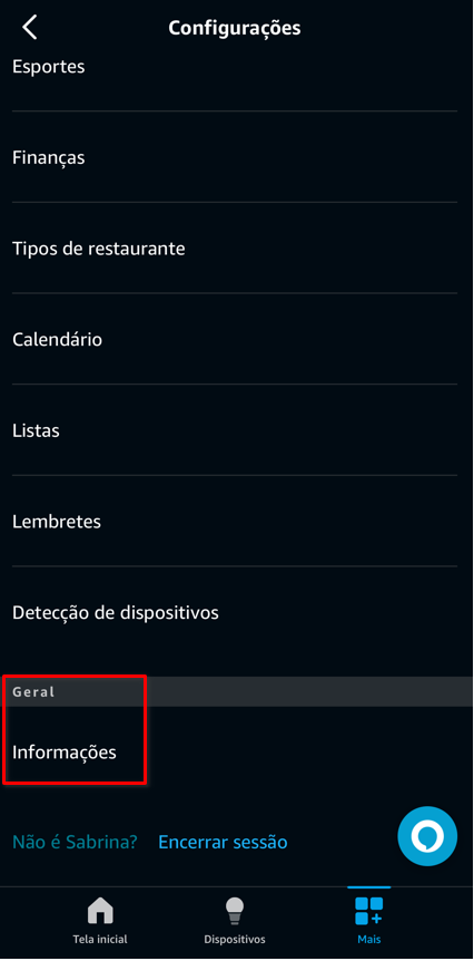 Imagem 19 - Aplicativo Amazon Alexa | Rota: Informações (última opção)