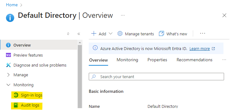 Tela de acesso do Active Directory no portal Azure