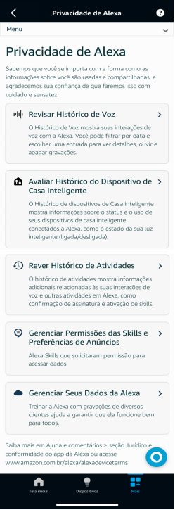 Imagem 23 - Aplicativo Amazon Alexa | Visão geral: Privacidade de Alexa