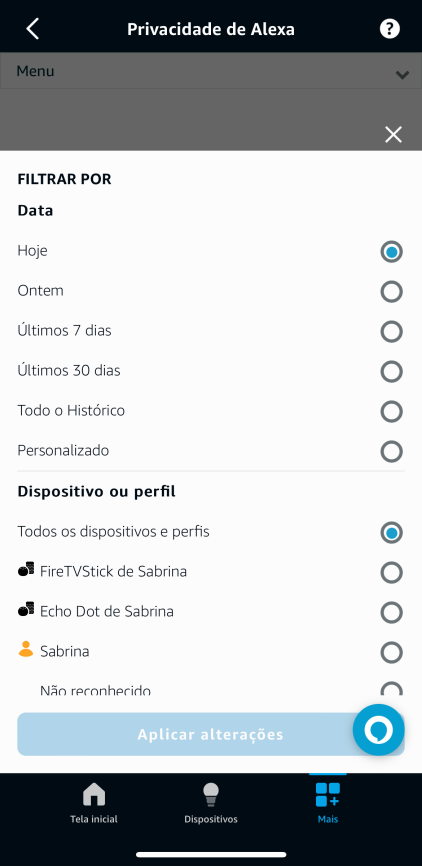 Imagem 25 - Aplicativo Amazon Alexa | Revisar Histórico de Voz: Filtros