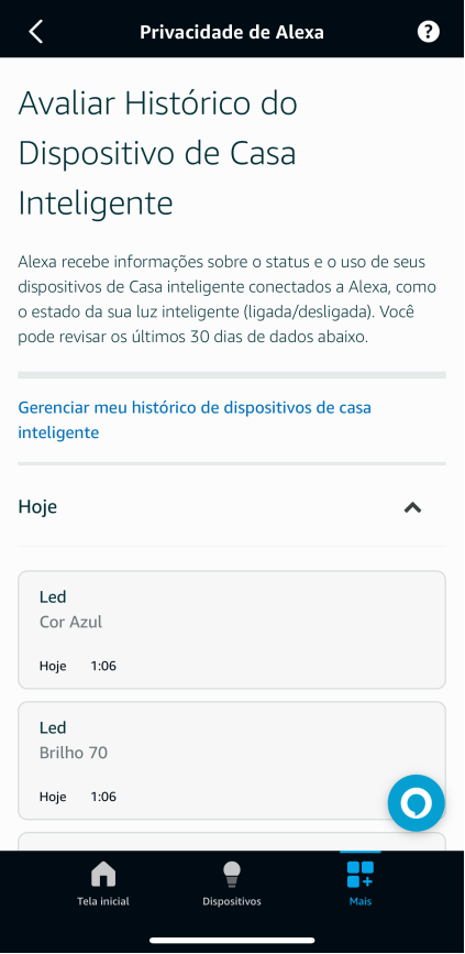 Imagem 26 - Aplicativo Amazon Alexa | Avaliar Histórico do Dispositivo de Casa Inteligente