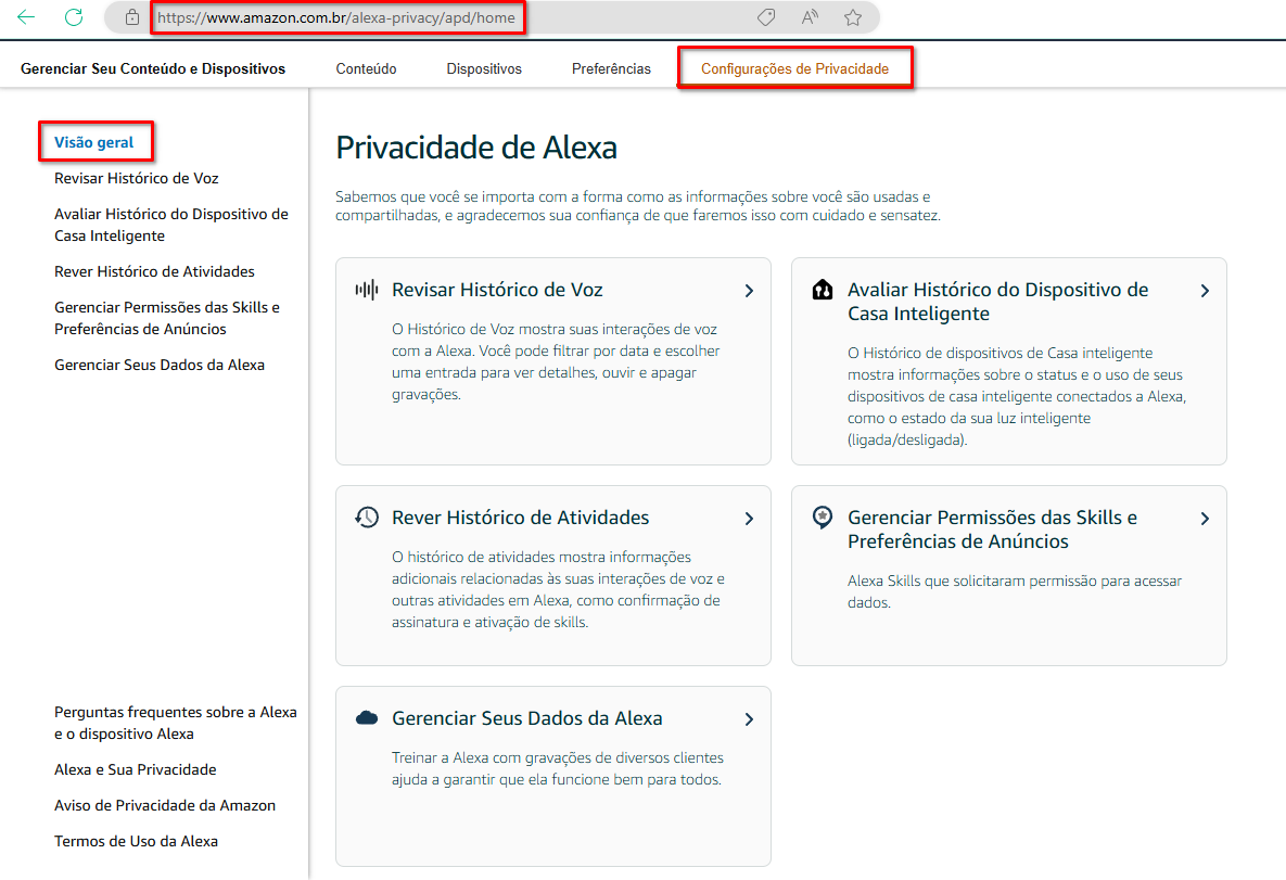 Imagem 3 - Site Amazon | Visão Geral: Privacidade de Alexa