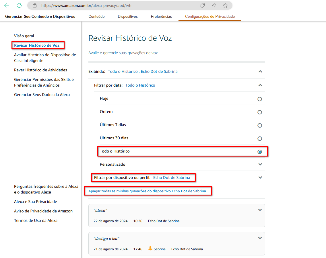 Imagem 4 - Site Amazon | Revisar Histórico de Voz
