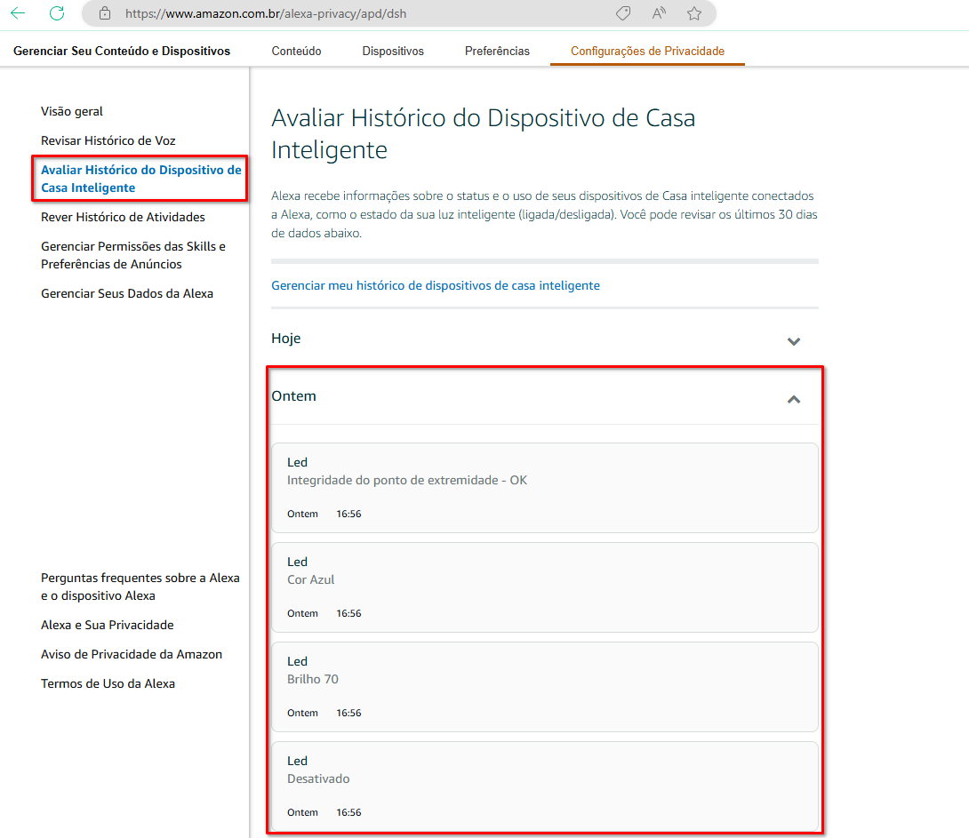 Imagem 8 - Site Amazon | Avaliar Histórico do Dispositivo de Casa Inteligente: dados armazenados